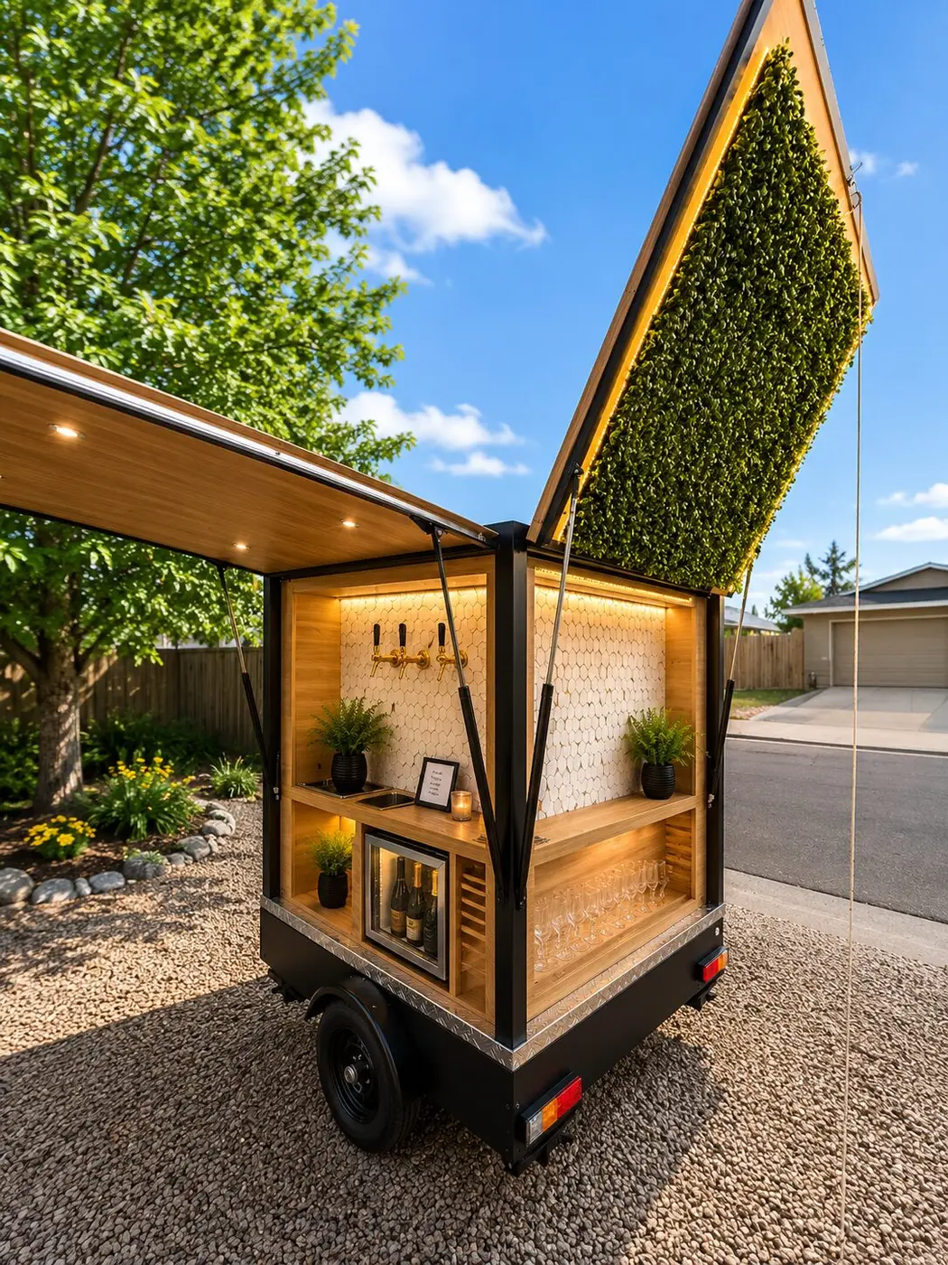 Lola the mobile bar, open with its greenery wall
