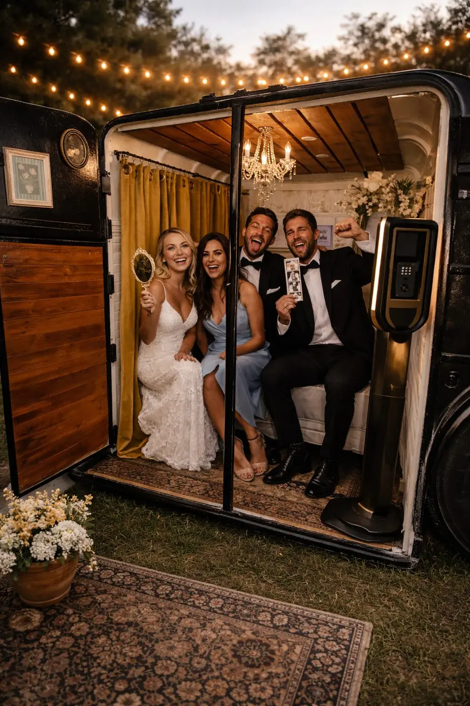 Guests posing inside the Emiliano vintage photobooth