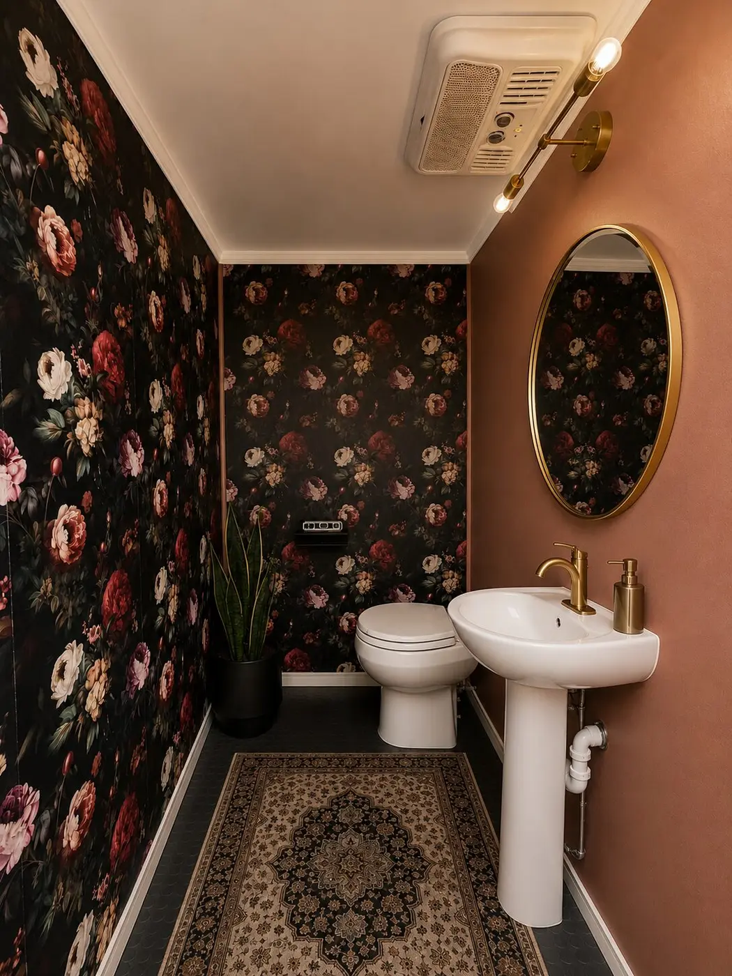 Warm restroom interior with rug