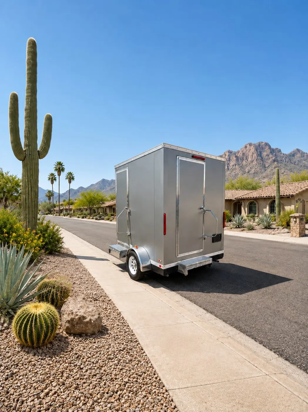 Oso double restroom suite, exterior with desert landscaping
